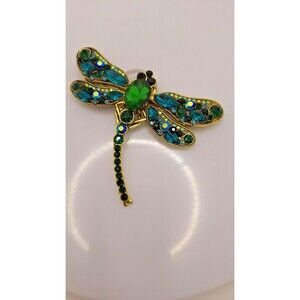 BEAUTIFUL Rhinestone Dragonfly Brooch‎ Pin Large Size Blues and Greens
